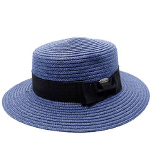 Load image into Gallery viewer, navy blue boater hat with black band
