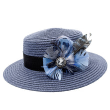 Load image into Gallery viewer, blue boater with blue feather trim