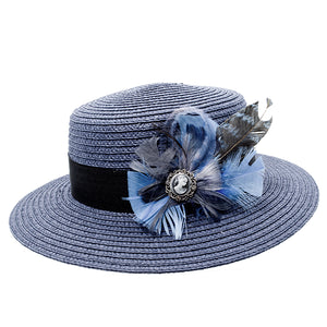 blue boater with blue feather trim