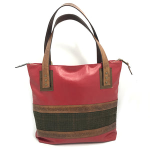 Red Leather & Tweed Tote Bag