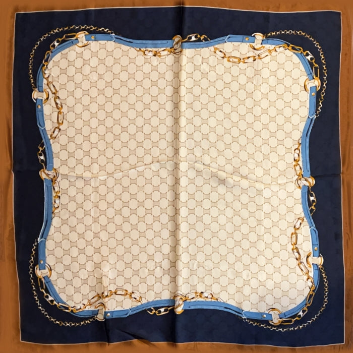 Tan with Navy & Denim Blue Scarf