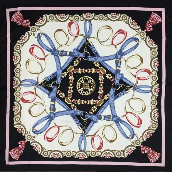 Large Black, Cream, Pink, & Blue Silk Scarf