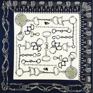 Navy, White & Silver Grey scarf with Bits & Tassels