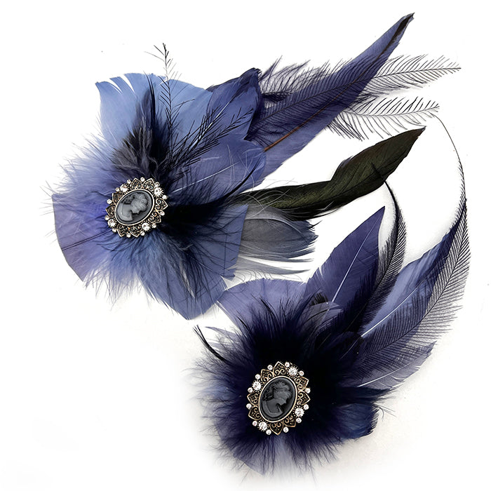 Smokey Blue & Navy Magnetic Feather Trim & Matching Lapel