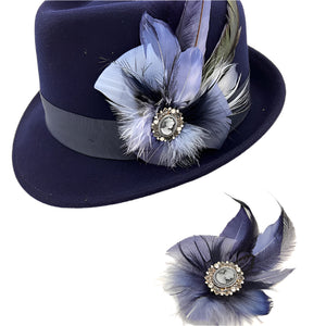 Smokey Blue & Navy Magnetic Feather Trim & Matching Lapel