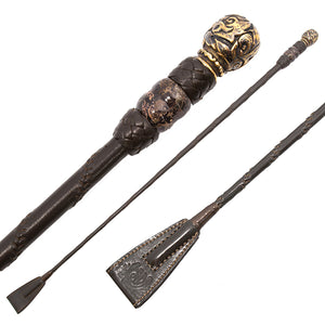 Brown riding crop with black brown deco bead bronze ball top