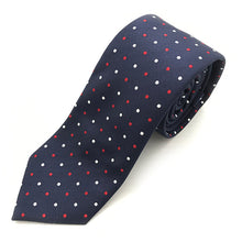 Load image into Gallery viewer, Navy White &amp; Red Dot Tie
