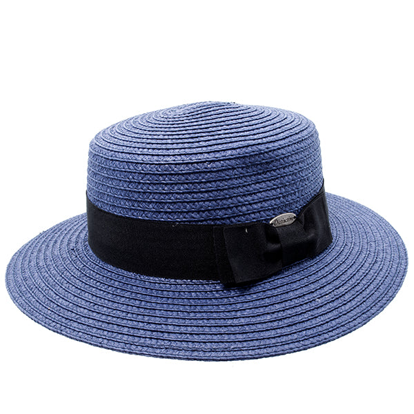 navy blue boater hat with black band
