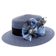 Load image into Gallery viewer, blue boater with blue feather trim
